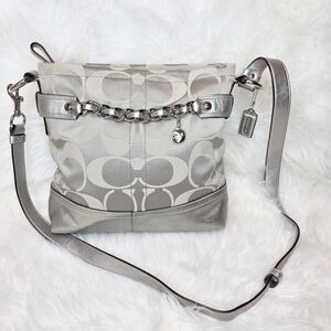 Coach Optic 2011 Large CC Metallic Silver Leather & Gray Canvas 2 Way Bag.